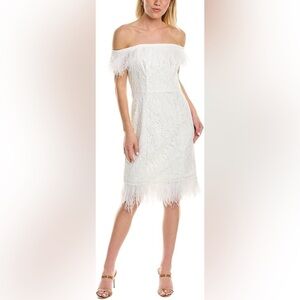 NWT Aidan Mattox Women Ivory Off-Shoulder Feather-Trim Lace Dress Size 2